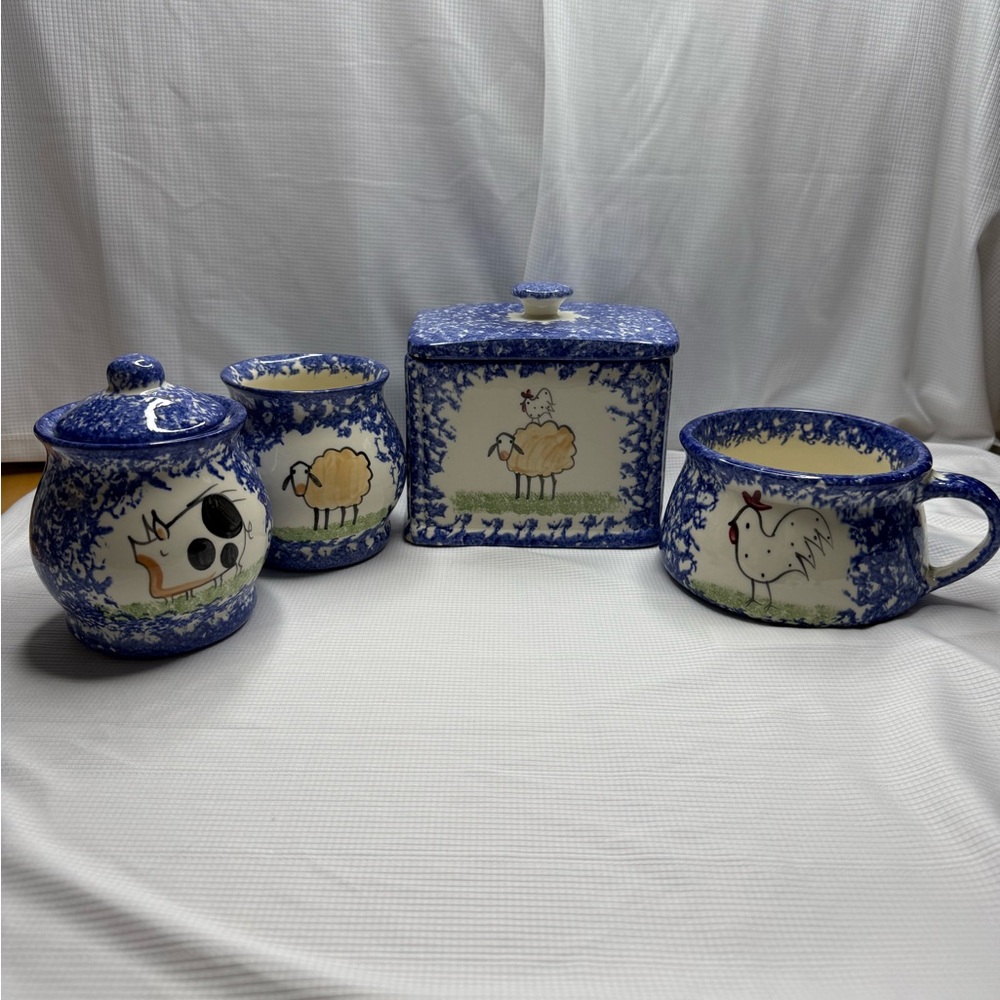 Molly Dallas, pottery Spatterware, canister, sugar bowl, soup mug, jar